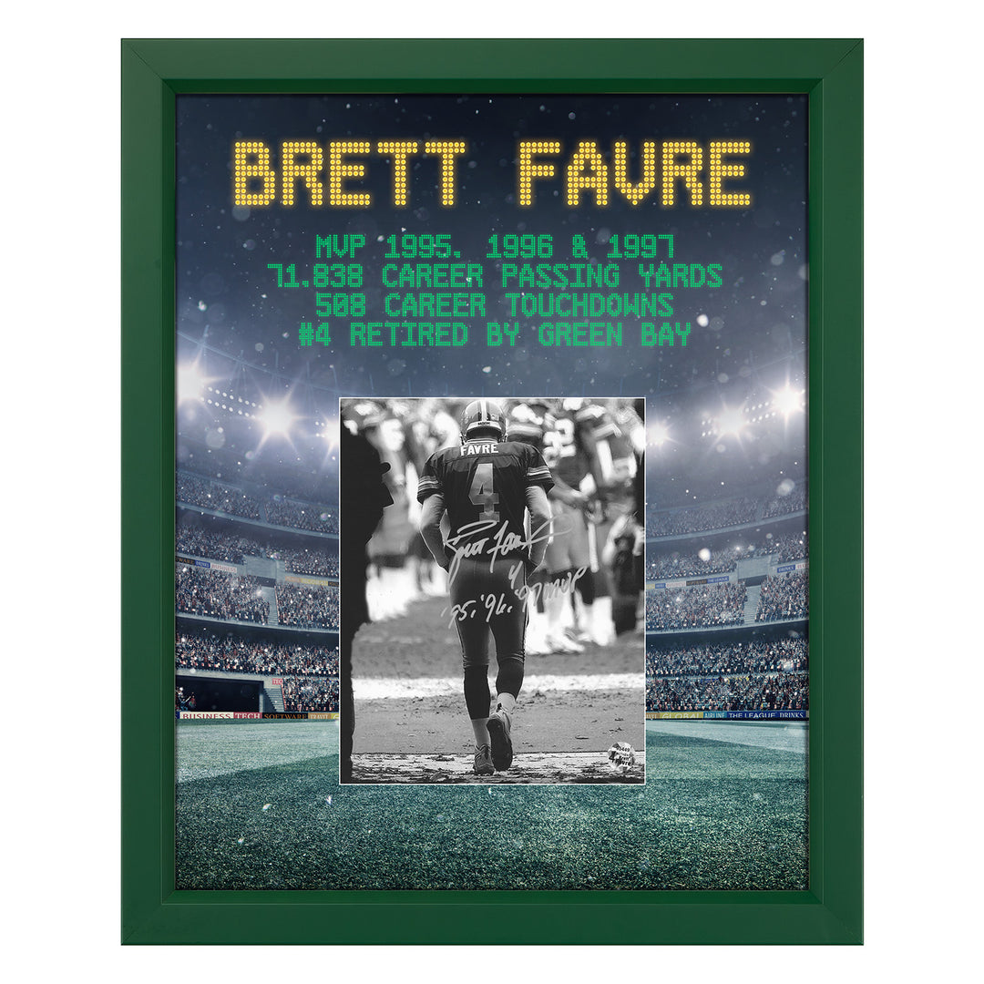 BRETT FAVRE SIGNED GREEN BAY FOOTBALL STADIUM GRAPHIC 19X23 FRAME