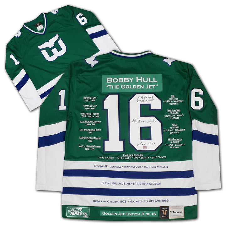 Bobby Hull Career Jersey Hartford Whalers Green Ltd Ed 9/16, Hartford Whalers, NHL, Hockey, Autographed, Signed, CJPCH33038