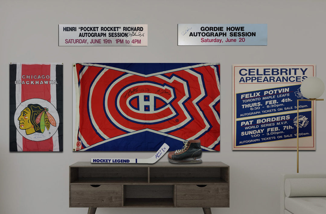 Where Legends Begin Litho, Signed By Bower, Hull And Lafleur, Maple Leafs, Montreal Canadiens, Blackhawks, NHL, Hockey, Autographed, Signed, AALCH30365
