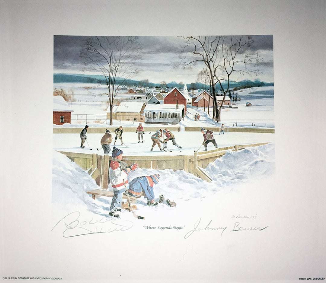 Signed Johnny Bower & Bobby Hull Litho Toronto Maple Leafs, Chicago Blackhawks, Toronto Maple Leafs, Chicago Blackhawks, NHL, Hockey, Autographed, Signed, AALCH31342