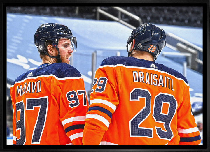 Connor Mcdavid & Leon Draisaitl Framed Canvas Edmonton Oilers, Edmonton Oilers, NHL, Hockey, Collectibile Memorabilia, AACMH33099