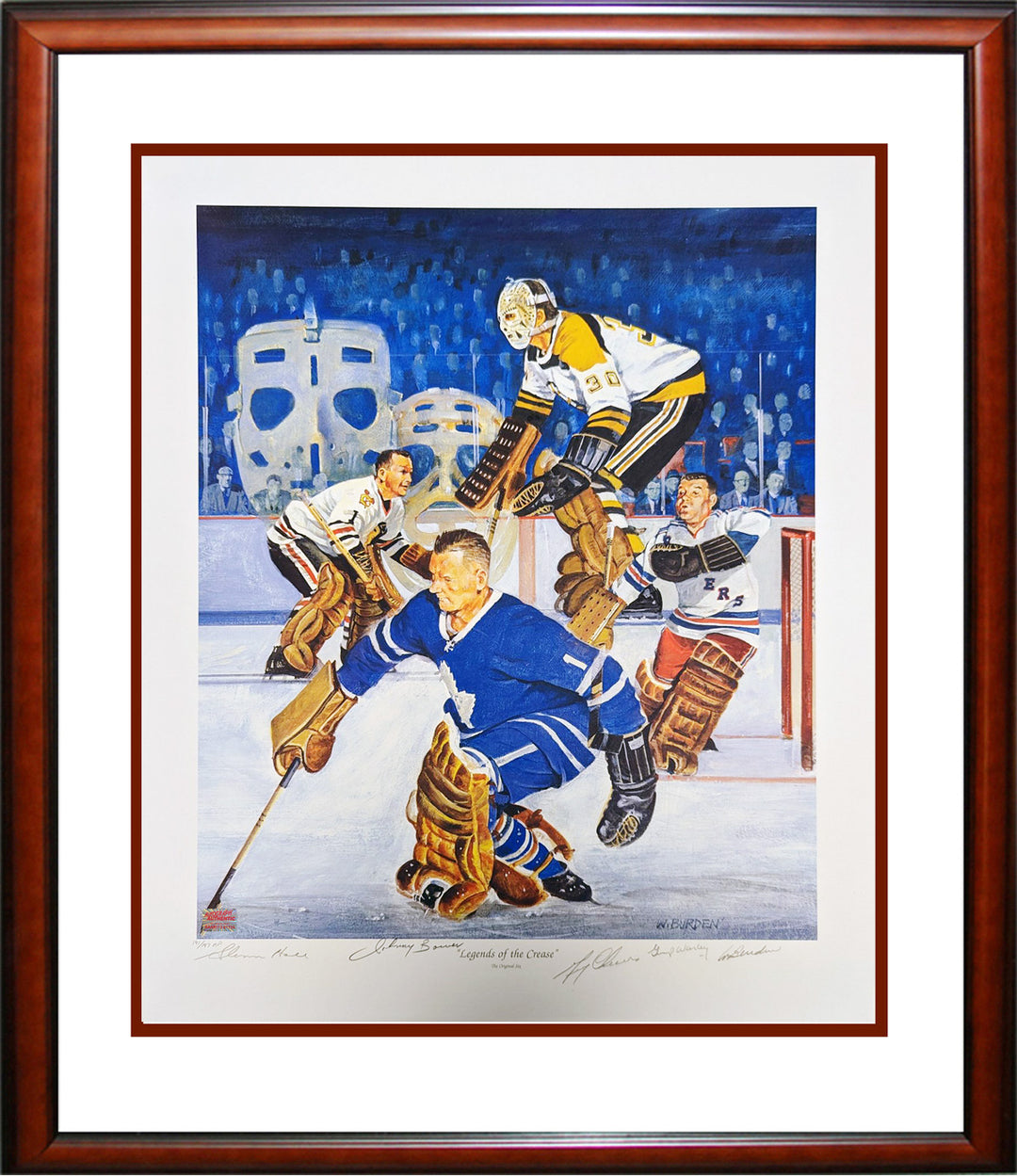 Framed Signed Litho: Bower, Cheevers, Hall, Worsely Ltd Ed Artist Proof Of 197, Original Six, NHL, Hockey, Autographed, Signed, AALCH33193
