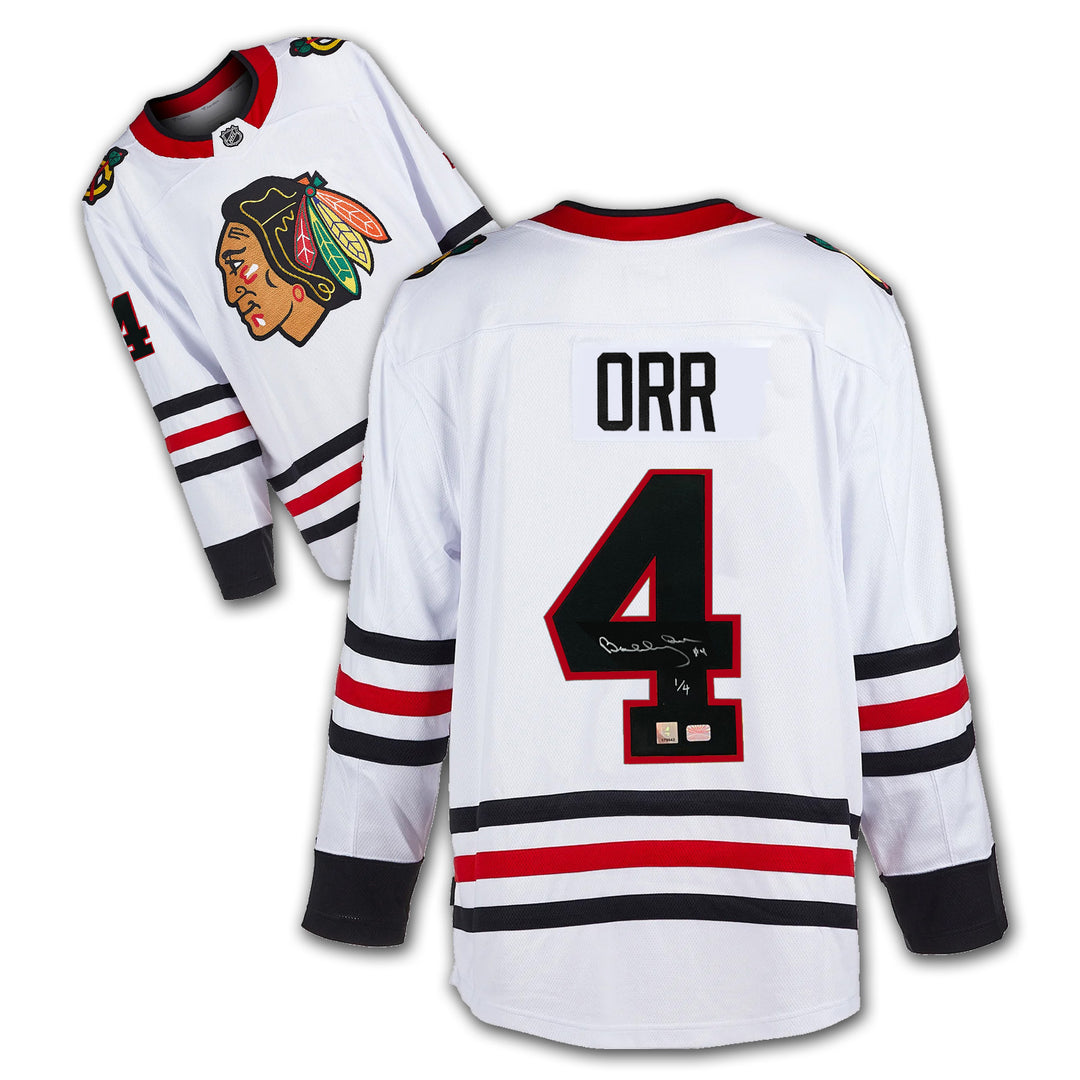 Bobby Orr Signed Number 1/4 Chicago Blackhawks White Jersey Gnr Coa, Chicago Blackhawks, Boston Bruins, NHL, Hockey, Autographed, Signed, AAAJH33293