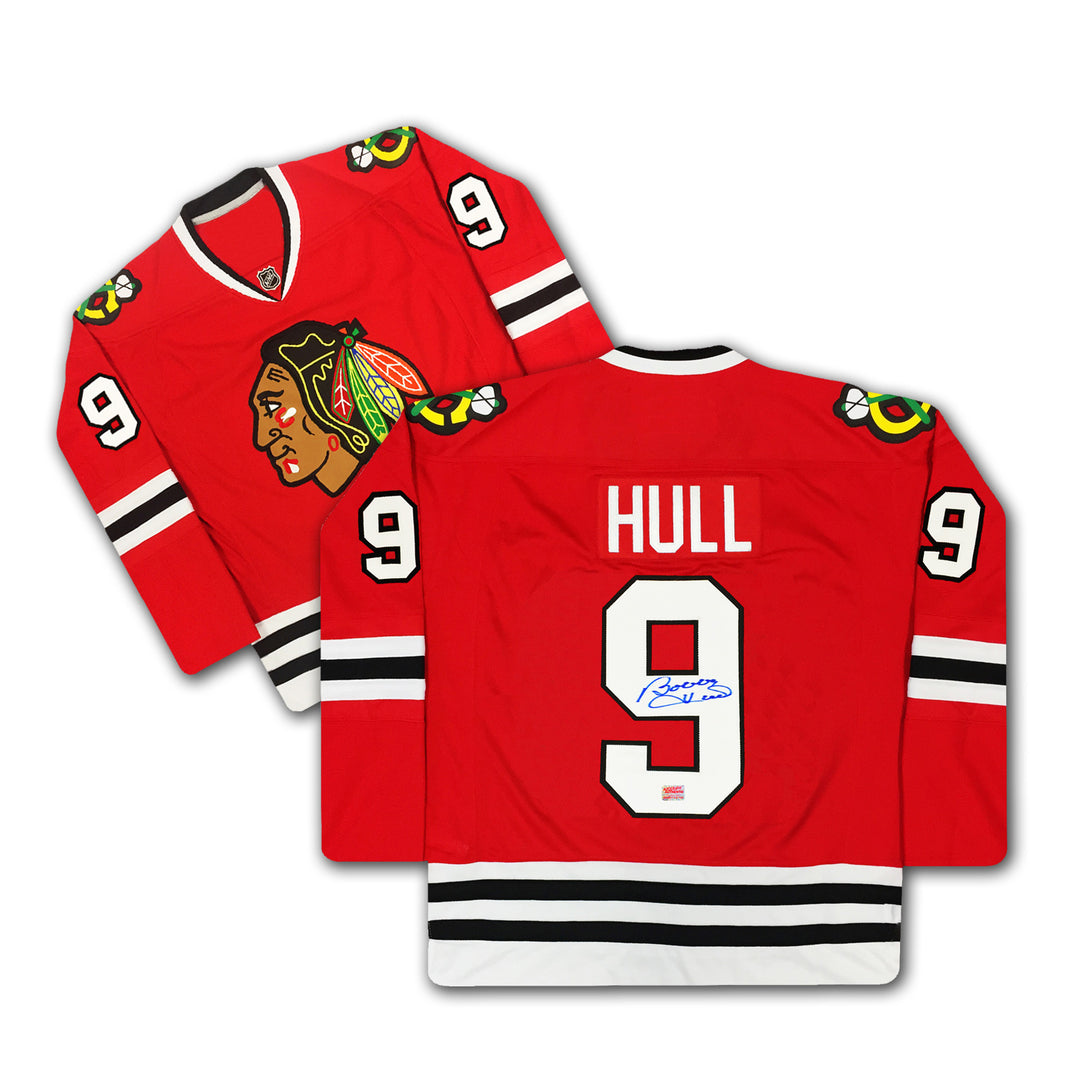 Bobby Hull Autographed Red Chicago Blackhawks Jersey, Chicago Blackhawks, NHL, Hockey, Autographed, Signed, AAAJH30111