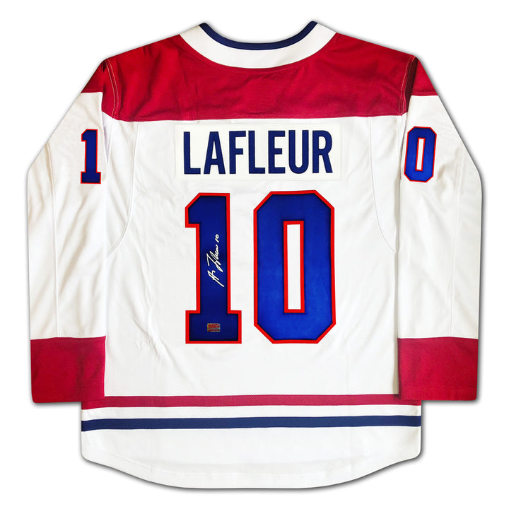 Guy Lafleur Autographed White Montreal Canadiens Jersey, Montreal Canadiens, NHL, Hockey, Autographed, Signed, AAAJH30126