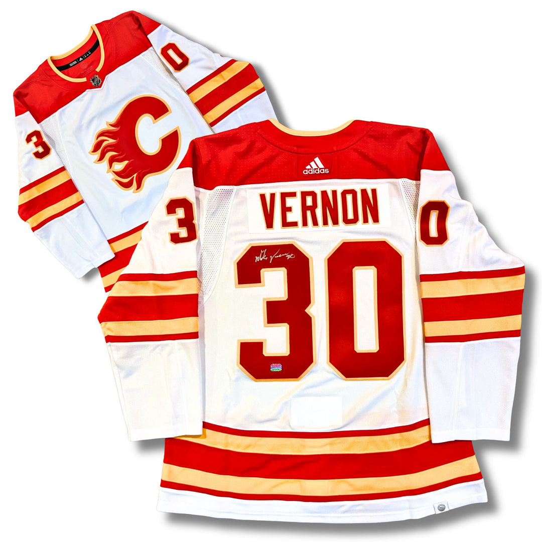 Mike Vernon Signed Calgary Flames White Adidas Pro Jersey, Calgary Flames, NHL, Hockey, Autographed, Signed, AAAJH33317